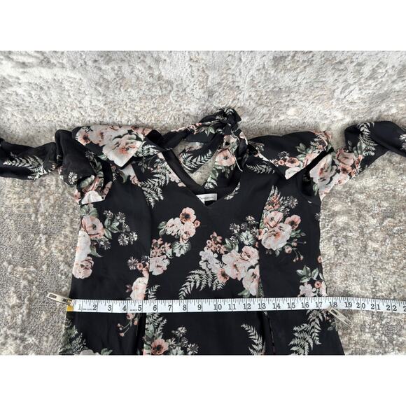 BCBGeneration Womens Size XS Floral Semi Sheer V Neck Blouse Black Pink Top - Picture 7 of 11